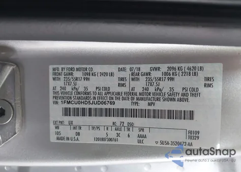 2018 Ford Escape Sel z USA, uszkodzony, nr VIN 1FMCU0HD5JUD06769